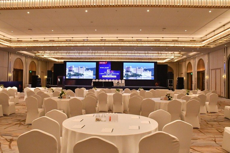 Banquet hall set for a corporate conference in Udaipur